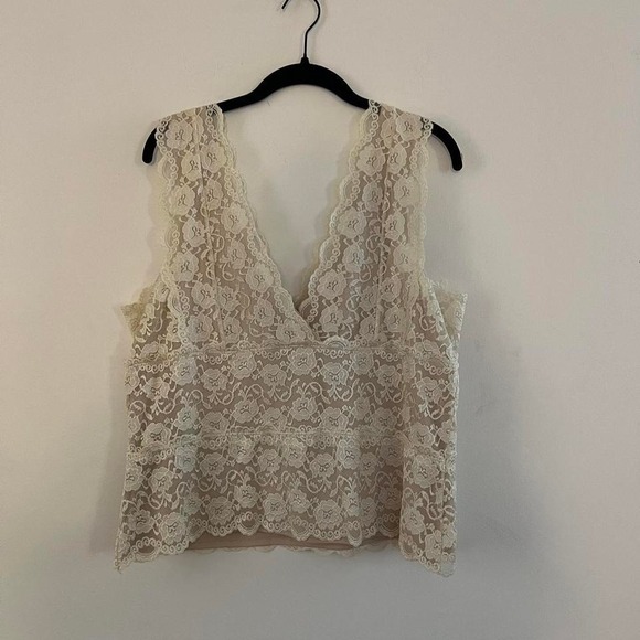 Lace Layered Y2K Double V Tiered Cream Cami Tank Babydoll Cut - Picture 5 of 8
